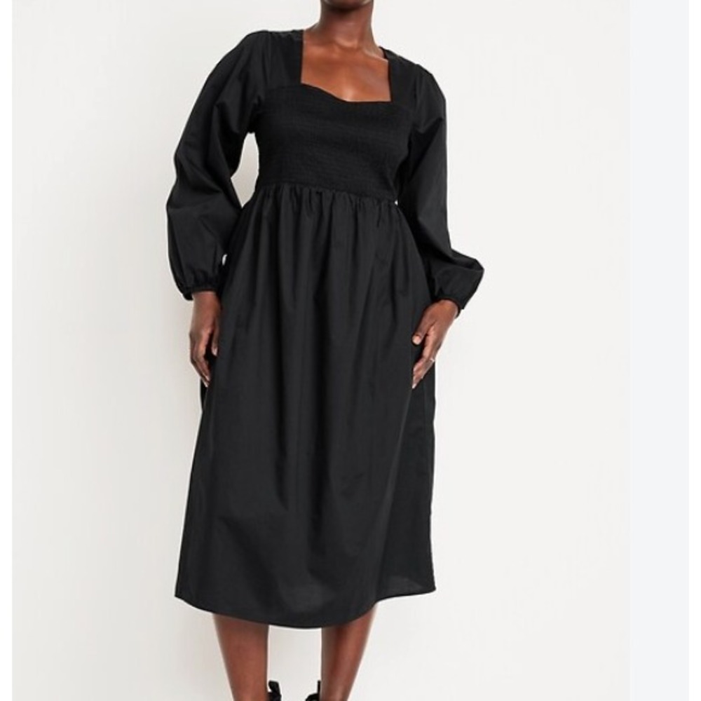Old Navy Fit Flare Midi Dress Womens Large Black Balloon Sleeve Smocked Cottage